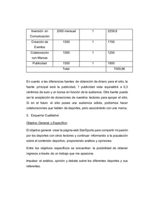 Inversión en
Comunicación
2000 mensual 1 2259,8
Creación de
Eventos
1500 1 1700
Colaboración
con Marcas
1000 1 1250
Publicidad 1500 1 1800
Total: 7009,8€
En cuanto a las diferencias fuentes de obtención de dinero para el sitio, la
fuente principal será la publicidad, 1 publicidad vista equivaldrá a 0,3
céntimos de euro y un bonus en función de la audiencia. Otra fuente puede
ser la aceptación de donaciones de nuestros lectores para apoyar el sitio.
Si en el futuro el sitio posee una audiencia sólida, podremos hacer
colaboraciones que hablen de deportes, pero asociándolo con una marca.
5. Esquema Cualitativo
Objetivo General y Especifico:
El objetivo general crear la página web StarSports para compartir mi pasión
por los deportes con otros lectores y continuar informando a la populación
sobre el contenido deportivo, proponiendo análisis y opiniones.
Entre los objetivos específicos se encuentran la posibilidad de obtener
ingresos a través de un trabajo que me apasiona.
Impulsar el análisis, opinión y debate sobre los diferentes deportes y sus
referentes.
 