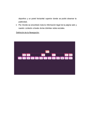 deportivo y un panel horizontal superior donde se podrá observar la
publicidad.
3. Pie: Donde se encontrará toda la información legal de la página web y
nuestro contacto a través de las distintas redes sociales.
Definición de la Navegación:
 
