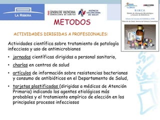 METODOS
  ACTIVIDADES DIRIGIDAS A PROFESIONALES:

Actividades científica sobre tratamiento de patología
infecciosa y uso de antimicrobianos
• jornadas científicas dirigidas a personal sanitario,
• charlas en centros de salud
• artículos de información sobre resistencias bacterianas
  y consumo de antibióticos en el Departamento de Salud,
• tarjetas plastificadas (dirigidas a médicos de Atención
  Primaria) indicando los agentes etiológicos más
  probables y el tratamiento empírico de elección en los
  principales procesos infecciosos
 