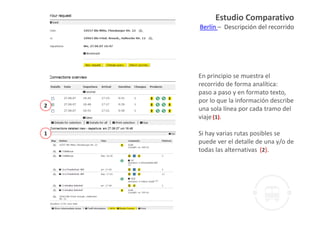 Estudio Comparativo
    Berlín – Descripción del recorrido




    En principio se muestra el 
    recorrido de forma analítica:
    paso a paso y en formato texto, 
    por lo que la información describe 
2
    una sola línea por cada tramo del 
    viaje (1).

1   Si hay varias rutas posibles se 
    puede ver el detalle de una y/o de 
    todas las alternativas (2).
 
