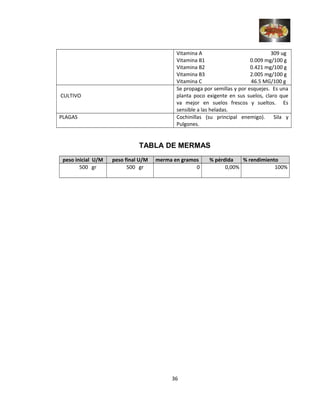Vitamina A 309 ug
Vitamina B1 0.009 mg/100 g
Vitamina B2 0.421 mg/100 g
Vitamina B3 2.005 mg/100 g
Vitamina C 46.5 MG/100 g
CULTIVO
Se propaga por semillas y por esquejes. Es una
planta poco exigente en sus suelos, claro que
va mejor en suelos frescos y sueltos. Es
sensible a las heladas.
PLAGAS Cochinillas (su principal enemigo). Sila y
Pulgones.
TABLA DE MERMAS
peso inicial U/M peso final U/M merma en gramos % pérdida % rendimiento
500 gr 500 gr 0 0,00% 100%
36
 