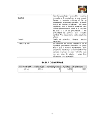 CULTIVO
Necesita suelos flojos y permeables y en climas
templados o de montaña en la zona tropical.
Aunque es bastante resistente al frio no
sobrevive en terrenos encharcados. Se puede
plantar en jardines o macetas. Sus flores
pequeñas y blancas aparecen en verano y sus
semillas se siembran en hileras a 30 cms unas
de otras y 1 cm de profundidad; a más
profundidad no germinan pues necesitan
claridad. A las tres semanas brotan las plantas
y hojas.
PLAGAS Pulgón del coriandro. Hongos. Mancha
bacteriana.
CONSERV ACION Se conservan en envases herméticos en el
frigorífico, procurando consumirlo en pocos
días ya que se marchita rápidamente. Para
conservarlo más tiempo se recomienda meter
las raíces en un vaso con agua y cubrir las hojas
con una bolsa de plástico y luego debe
introducirse en el congelador.
TABLA DE MERMAS
peso inicial U/M peso final U/M merma en gramos % pérdida % rendimiento
500 gr 500 gr 0 0,00% 100%
42
 