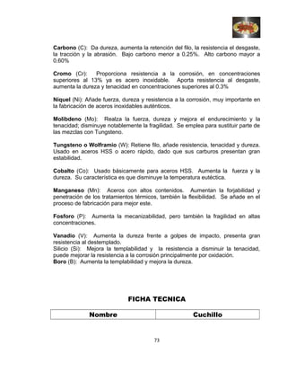 Carbono (C): Da dureza, aumenta la retención del filo, la resistencia el desgaste,
la tracción y la abrasión. Bajo carbono menor a 0.25%. Alto carbono mayor a
0.60%
Cromo (Cr): Proporciona resistencia a la corrosión, en concentraciones
superiores al 13% ya es acero inoxidable. Aporta resistencia al desgaste,
aumenta la dureza y tenacidad en concentraciones superiores al 0.3%
Níquel (Ni): Añade fuerza, dureza y resistencia a la corrosión, muy importante en
la fabricación de aceros inoxidables auténticos.
Molibdeno (Mo): Realza la fuerza, dureza y mejora el endurecimiento y la
tenacidad; disminuye notablemente la fragilidad. Se emplea para sustituir parte de
las mezclas con Tungsteno.
Tungsteno o Wolframio (W): Retiene filo, añade resistencia, tenacidad y dureza.
Usado en aceros HSS o acero rápido, dado que sus carburos presentan gran
estabilidad.
Cobalto (Co): Usado básicamente para aceros HSS. Aumenta la fuerza y la
dureza. Su característica es que disminuye la temperatura eutéctica.
Manganeso (Mn): Aceros con altos contenidos. Aumentan la forjabilidad y
penetración de los tratamientos térmicos, también la flexibilidad. Se añade en el
proceso de fabricación para mejor este.
Fosforo (P): Aumenta la mecanizabilidad, pero también la fragilidad en altas
concentraciones.
Vanadio (V): Aumenta la dureza frente a golpes de impacto, presenta gran
resistencia al destemplado.
Silicio (Si): Mejora la templabilidad y la resistencia a disminuir la tenacidad,
puede mejorar la resistencia a la corrosión principalmente por oxidación.
Boro (B): Aumenta la templabilidad y mejora la dureza.
FICHA TECNICA
Nombre Cuchillo
73
 