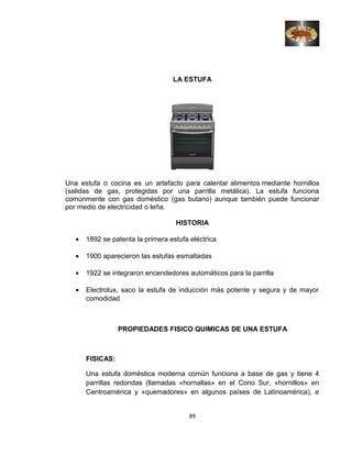 LA ESTUFA
Una estufa o cocina es un artefacto para calentar alimentos mediante hornillos
(salidas de gas, protegidas por una parrilla metálica). La estufa funciona
comúnmente con gas doméstico (gas butano) aunque también puede funcionar
por medio de electricidad o leña.
HISTORIA
• 1892 se patenta la primera estufa eléctrica
• 1900 aparecieron las estufas esmaltadas
• 1922 se integraron encendedores automáticos para la parrilla
• Electrolux, saco la estufa de inducción más potente y segura y de mayor
comodidad
PROPIEDADES FISICO QUIMICAS DE UNA ESTUFA
FISICAS:
Una estufa doméstica moderna común funciona a base de gas y tiene 4
parrillas redondas (llamadas «hornallas» en el Cono Sur, «hornillos» en
Centroamérica y «quemadores» en algunos países de Latinoamérica), e
89
 
