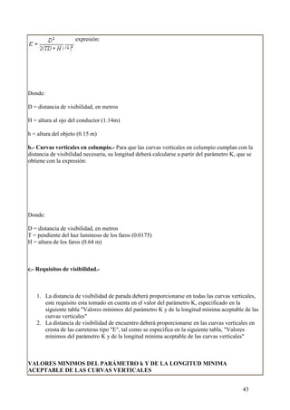 expresión:




Donde:

D = distancia de visibilidad, en metros

H = altura al ojo del conductor (1.14m)

h = altura del objeto (0.15 m)

b.- Curvas verticales en columpio.- Para que las curvas verticales en columpio cumplan con la
distancia de visibilidad necesaria, su longitud deberá calcularse a partir del parámetro K, que se
obtiene con la expresión:




Donde:

D = distancia de visibilidad, en metros
T = pendiente del haz luminoso de los faros (0.0175)
H = altura de los faros (0.64 m)



c.- Requisitos de visibilidad.-



   1. La distancia de visibilidad de parada deberá proporcionarse en todas las curvas verticales,
      este requisito esta tomado en cuenta en el valor del parámetro K, especificado en la
      siguiente tabla "Valores mínimos del parámetro K y de la longitud mínima aceptable de las
      curvas verticales"
   2. La distancia de visibilidad de encuentro deberá proporcionarse en las curvas verticales en
      cresta de las carreteras tipo "E", tal como se especifica en la siguiente tabla, "Valores
      mínimos del parámetro K y de la longitud mínima aceptable de las curvas verticales"



VALORES MINIMOS DEL PARÁMETRO k Y DE LA LONGITUD MINIMA
ACEPTABLE DE LAS CURVAS VERTICALES


                                                                                             43
 