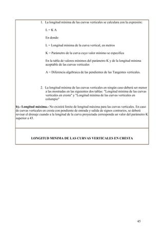 1. La longitud mínima de las curvas verticales se calculara con la expresión:

                      L=KA

                      En donde:

                      L = Longitud mínima de la curva vertical, en metros

                      K = Parámetro de la curva cuyo valor mínimo se especifica

                      En la tabla de valores mínimos del parámetro K y de la longitud mínima
                      aceptable de las curvas verticales

                      A = Diferencia algebraica de las pendientes de las Tangentes verticales.



                  2. La longitud mínima de las curvas verticales en ningún caso deberá ser menor
                     a las mostradas en las siguientes dos tablas: "Longitud minima de las curvas
                     verticales en cresta" y "Longitud minima de las curvas verticales en
                     columpio"

b).- Longitud máxima.- No existirá limite de longitud máxima para las curvas verticales. En caso
de curvas verticales en cresta con pendiente de entrada y salida de signos contrarios, se deberá
revisar el drenaje cuando a la longitud de la curva proyectada corresponda un valor del parámetro K
superior a 43.




           LONGITUD MINIMA DE LAS CURVAS VERTICALES EN CRESTA




                                                                                           45
 