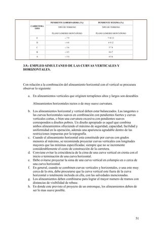 PENDIENTE GOBERNADORA (%)            PENDIENTE MÁXIMA (%)
     CARRETERA
                          TIPO DE TERRENO                   TIPO DE TERRENO
        TIPO

                     PLANO LOMERIO MONTAÑOSO           PLANO LOMERIO MONTAÑOSO

          E                    -- 7 9                           7 10 13

          D                    -- 6 8                            6 9 12

          C                    -- 5 6                            578

          B                    -- 4 5                            467

          A                    -- 3 4                            456



3.9.- EMPLEO SIMULTANEO DE LAS CURVAS VERTICALES Y
HORIZONTALES.



Con relación a la combinación del alineamiento horizontal con el vertical se procurara
observar lo siguiente:

   a. En alineamientos verticales que originen terraplenes altos y largos son deseables

       Alineamientos horizontales rectos o de muy suave curvatura.

   b. Los alineamientos horizontal y vertical deben estar balanceados. Las tangentes o
      las curvas horizontales suaves en combinación con pendientes fuertes y curvas
      verticales cortas, o bien una curvatura excesiva con pendientes suaves
      corresponden a diseños pobres. Un diseño apropiado es aquel que combina
      ambos alineamientos ofreciendo el máximo de seguridad, capacidad, facilidad y
      uniformidad en la operación, además una apariencia agradable dentro de las
      restricciones impuestas por la topografía.
   c. Cuando el alineamiento horizontal esta constituido por curvas con grados
      menores al máximo, se recomienda proyectar curvas verticales con longitudes
      mayores que las mínimas especificadas; siempre que no se incremente
      considerablemente el costo de construcción de la carretera.
   d. Conviene evitar la coincidencia de la cima de una curva vertical en cresta con el
      inicio o terminación de una curva horizontal.
   e. Debe evitarse proyectar la sima de una curva vertical en columpio en o cerca de
      una curva horizontal.
   f. En general, cuando se combinen curvas verticales y horizontales, o una este muy
      cerca de la otra, debe procurarse que la curva vertical este fuera de la curva
      horizontal o totalmente incluida en ella, con las salvedades mencionadas.
   g. Los alineamientos deben combinarse para lograr el mayor numero de tramos con
      distancias de visibilidad de rebase.
   h. En donde este previsto el proyecto de un entronque, los alineamientos deben de
      ser lo mas suave posible.




                                                                                     51
 