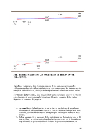 3.12. - DETERMINACIÓN DE LOS VOLÚMENES DE TIERRA ENTRE
ESTACIONES.



Calculo de volúmenes.- Con el área de cada una de las secciones se integran los
volúmenes por el método del promedio de áreas extremas sumando dos áreas de sección
contiguas, promediándolas y multiplicándolas por la mitad de la distancia entre ambas.

Movimiento de terracerias.- Esta fundamentado en los volúmenes a mover en relación
a las distancias de acarreo, para ello intervienen diferentes conceptos de los cuales
dependerá la economía del proyecto.



   a. Acarreo libre.- Es la distancia a la que se hace el movimiento de un volumen
      sin requerir de trabajos elaborados o en el caso de contratos sin llegar a un pago
      adicional, actualmente en México esta fijado para una longitud no mayor de 20
      metros.
   b. Sobre acarreo.- Es el transporte de los materiales a una distancia mayor a la del
      acarreo libre y se obtiene multiplicando el volumen a mover por la distancia que
      hay del centro de gravedad del corte al centro de gravedad del terraplén; de


                                                                                      60
 