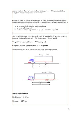 camión tractor y el eje del semiremolque varían entre 14 y 30 pies, calculándose
siempre en las condiciones mas desfavorables.



Cuando se carga un camión o un remolque, la carga se distribuye entre los ejes en
proporciones determinadas que pueden ser calculadas; para ello es necesario conocer:

    a. el peso propio del camión vació en cada eje
    b. el peso de la carga útil
    c. distancia entre ejes y entre cada eje y el centro de la carga útil.


Si A es la distancia del eje delantero al centro de la carga útil, B la distancia del eje
trasero al centro de la carga útil y C la distancia entre ejes, se tendrá:

Carga útil sobre el eje trasero = A/C x carga útil

Carga útil sobre el eje delantero = B/C x carga útil

Se resolverá el caso de un camión con uno y con dos ejes posteriores.




Peso del camión vació

Eje delantero = 1365 kg.

Eje trasero = 2270 kg.




                                                                                            73
 