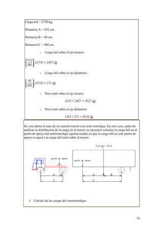 Carga útil = 2730 kg.

Distancia A = 432 cm.

Distancia B = 48 cm.

Distancia C = 480 cm.

            o   Carga útil sobre el eje trasero:




            o   Carga útil sobre el eje delantero:




            o   Peso total sobre el eje trasero:



            o   Peso total sobre el eje delantero:




Se vera ahora el caso de un camión tractor con semi remolque. En este caso, antes de
analizar la distribución de la carga en el tractor es necesario calcular la carga útil en el
punto de apoyo del semiremolque (quinta rueda) ya que la carga útil en este punto de
apoyo es igual a la carga útil total sobre el tractor.




    1. Calculo de las cargas del semiremolque:




                                                                                           74
 