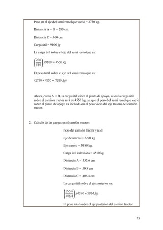 Peso en el eje del semi remolque vació = 2730 kg.

   Distancia A = B = 280 cm.

   Distancia C = 560 cm

   Carga útil = 9100 jg

   La carga útil sobre el eje del semi remolque es:




   El peso total sobre el eje del semi remolque es:




   Ahora, como A = B, la carga útil sobre el punto de apoyo, o sea la carga útil
   sobre el camión tractor será de 4550 kg; ya que el peso del semi remolque vacio
   sobre el punto de apoyo va incluido en el peso vacio del eje trasero del camión
   tractor.



2. Calculo de las cargas en el camión tractor:

                          Peso del camión tractor vació:

                          Eje delantero = 2270 kg

                          Eje trasero = 3180 kg.

                          Carga útil calculada = 4550 kg.

                          Distancia A = 355.6 cm

                          Distancia B = 50.8 cm

                          Distancia C = 406.4 cm

                          La carga útil sobre el eje posterior es:




                          El peso total sobre el eje posterior del camión tractor



                                                                                    75
 