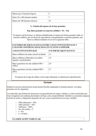 Menor que 10 (transito ligero)                 5
       Entre 10 y 100 (transito medio)                7
       Mayor de 100 (transito intenso)                10

                              3.- Calculo del espesor de la base granular.

                          Esp. Base granular en concreto asfáltico = Et – Em

        El espesor real de la base, se obtiene multiplicando el espesor de la base granular, dado en
        concreto asfáltico, por un factor de equivalencia correspondiente a una base granular, este
                           factor se obtiene mediante el uso de la siguiente tabla.

       FACTORES DE EQUIVALENCIA ENTRE CAPAS CONVENCIONALES Y
       CAPAS DE CONCRETO ASFALTICO, EN CUANTO A ESPESOR
       CAPAS CONVENCIONALES                           FACTOR DE EQUIVALENCIA
       Bases asfálticas de arena, mezcla en planta    1.3
       Bases asfálticas elaboradas con asfalto        1.4
       liquido o emulsificados
       Bases granulares de alta calidad (VRS >        2.0
       100%)
       Bases granulares de baja calidad (VRS >        2.7
       20%)

          El espesor de la capa de súbase y de la capa subrasante se obtiene por especificación.

                                                 Ejemplo:

Diseñar la sección estructural de un pavimento flexible empleando el método anterior. Los datos
generales son los siguientes:

Los materiales que forman las terracerias son generalmente de origen volcánico y están constituidos por
limos inorgánicos de mediana plasticidad y de baja a alta compresibilidad. También se encuentran algunas
mezclas de suelos y fragmentos pequeños de roca, cuyas características son muy variables.

           o   VRS subrasante = 20%
           o   VRS sub-base = 30%
           o   VRS base = 100%
           o   No. De carriles = 2
           o   r = 6%
           o   n = 20 años

       CLASIFICACIÓN VEHICULAR




                                                                                                86
 
