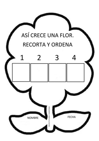 NOMBRE FECHA
PROYECTOFLORESYMARIPOSAS
1 2 3 4
ASÍ CRECE UNA FLOR.
RECORTA Y ORDENA
 