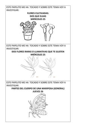 ESTE PAPELITO ME HA TOCADO Y SOBRE ESTE TEMA VOY A
INVESTIGAR:
FLORES CULTIVADAS:
DOS QUE ELIJAS
MIÉRCOLES 25
ESTE PAPELITO ME HA TOCADO Y SOBRE ESTE TEMA VOY A
INVESTIGAR:
DOS FLORES RARAS O LLAMATIVAS QUE TE GUSTEN
MIÉRCOLES 25
ESTE PAPELITO ME HA TOCADO Y SOBRE ESTE TEMA VOY A
INVESTIGAR:
PARTES DEL CUERPO DE UNA MARIPOSA (GENERAL)
JUEVES 26
 