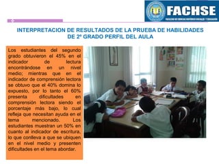 INTERPRETACION DE RESULTADOS DE LA PRUEBA DE HABILIDADES
DE 2º GRADO PERFIL DEL AULA
Los estudiantes del segundo
grado obtuvieron el 45% en el
indicador de lectura
encontrándose en un nivel
medio; mientras que en el
indicador de comprensión lectora
se obtuvo que el 40% domina lo
expuesto, por lo tanto el 60%
presenta dificultades en
comprensión lectora siendo el
porcentaje más bajo, lo cual
refleja que necesitan ayuda en el
tema mencionado. Los
estudiantes muestran un 50% en
cuanto al indicador de escritura,
lo que conlleva a que se ubiquen
en el nivel medio y presenten
dificultades en el tema abordar.
 