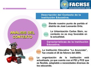 Siendo nuestro punto de partida el
distrito de José Leonardo Ortiz.
Características de la Institución
Educativa.
La Urbanización Carlos Stein, su
contexto no es muy favorable en
la actualidad.
Descripción del Contexto de la
Institución Educativa.
La Institución Educativa “La Anunciata”,
fue creada el 28 de febrero del 2005.
La organización de la institución está
actualizada, ya que cuenta con el PEI y PCE que
es flexible, adaptable a necesidades diversas de
los educando.
 