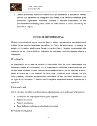 Curso: Computación I
                      Carrera: Derecho


       Derecho Económico: Rama del derecho social que consiste en el conjunto de normas
       jurídicas que establecen la participación del estado en la actividad económica, para
       promoverla, supervisarla, controlarla, orientarla o intervenir directamente en ella
       procurando brindar certeza jurídica a todos los particulares de la cadena productiva y de
       consumo de un país.




                             DERECHO CONSTITUCIONAL

El derecho constitucional es una rama del derecho público cuyo campo de estudio incluye el
análisis de las leyes fundamentales que definen un Estado. De esta manera, es materia de
estudio todo lo relativo a la forma de Estado, forma de gobierno, derechos fundamentales y la
regulación de los poderes públicos, incluyendo las relaciones, entre los poderes públicos y
ciudadanos.

Constitución

La Constitución es un texto de carácter jurídico-político fruto del poder constituyente que
fundamenta (según el normativismo) todo el ordenamiento, situándose en él como norma que
recoge, define y crea los poderes constituidos limitándolos al servicio de las personas. Además,
tendrá el carácter de norma suprema, de manera que prevalecerá sobre cualquier otra que
fuese posterior y contraria a ella (jerarquía constitucional). Al decir de Kelsen, es la norma que
da lógica a todo el sistema. El derecho común surgirá de ella por mecanismos de derivación y
aplicación.

Estructura formal

Así, la estructura formal de un texto constitucional establecida por la doctrina sería la siguiente:

       Justificación del propio poder constituyente originario
       Soberanía nacional.
       Poderes constituidos.
       Tabla de Derechos fundamentales.(parte dogmática)

Estructura constitucional


                                                 14
 