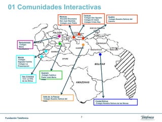 Fundación Telefónica
Ciudad Bolívar
-Colegio Nuestra Señora de las Nieves
Valle de la Pascua
-Colegio Nuestra Señora del
Valle
Guanare
-Colegio Católico
Padre José María
Velaz
Maracay
-Escuela Diocesana
San Juan Bautista
-Colegio Juan Pablo
VI
Guatire
-Colegio Nuestra Señora del
Camino
Caracas
-Colegio San Agustín
-Colegio El Claret
-Colegio Cristo Rey
Barquisimeto
-Colegio
María
Auxiliadora
San Cristóbal
-U.E. La Villa
de los Niños
Mérida
-Colegio
Sagrada Familia
-Colegio La
Presentación
7
01 Comunidades Interactivas
 