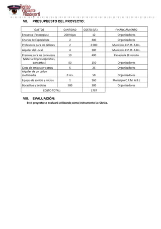VII.

PRESUPUESTO DEL PROYECTO:
GASTOS

CANTIDAD

COSTO (s/.)

FINANCIAMIENTO

Encuesta (Fotocopias)

200 hojas

12

Organizadores

Charlas de Especialista

2

400

Organizadores

Profesores para los talleres

2

2 000

Municipio C.P.M. A.B.L.

Alquiler del Local

4

300

Municipio C.P.M. A.B.L.

Premios para los concursos
Material Impresos(afiches,
pancartas)

10

400

Panadería El Hornito

50

150

Organizadores

Cinta de embalaje y otros
Alquiler de un cañon
multimedia

5

25

Organizadores

2 Hrs.

50

Organizadores

Equipo de sonido y micros

1

160

Municipio C.P.M. A.B.L

500

300

Organizadores

Bocaditos y bebidas
COSTO TOTAL:

VIII.

1797

EVALUACIÓN:

Este proyecto se evaluará utilizando como instrumento la rúbrica.

 