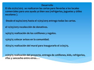 Desarrollo
El día 02/02/2015 se realizaron las cartas para llevarlas a los locales
comerciales para una ayuda ya bien sea (refrigerios, juguetes y útiles
escolares ).
Desde el 04/02/2015 hasta el 12/03/2015 entrega todas las cartas.
el 12/03/2015 recolección de donativos.
14/03/15 realización de los cotillones y regalos.
13/03/15 colocar avisos en la comunidad.
18/03/15 realización del mural para inaugurarlo el 21/03/15.
21/03/15 realización del proyecto, entrega de cotillones, kids, refrigerios,
rifas y sancocho entre otros….
 