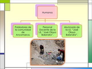 Humanos

Pobladores de
la comunidad
de
Ancomarca.

Personal
Docente de la
I.E. “José Olaya
Balandra”.

Alumnado de
la I.E. “José
Olaya
Balandra”.

 