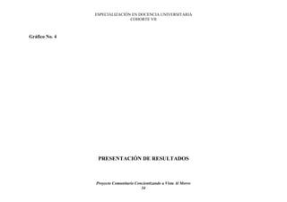ESPECIALIZACIÓN EN DOCENCIA UNIVERSITARIA
                               COHORTE VII



Gráfico No. 4




                 PRESENTACIÓN DE RESULTADOS



                Proyecto Comunitario Concientizando a Vista Al Morro
                                        34
 