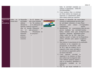 ZONA 19
hielo, la actividad consistirá en
realizar el experimento: ´´EFECTO
INVERNADERO´´.
9. Como producto final, se solicitará
por binas realizar una maqueta que
represente el calentamiento global,
dicho trabajo tendrá que exponerlo.
Elaboración
de
alternativas
Todos en la
misma tarea
Desarrollar las
actividades para
elaborar las
alternativas de
atención, o parte de
ellas de acuerdo
con el plan
establecido;
desarrollo de
procesos o
productos
concretos
Al término del
tercer trimestre.
“Se continua con
la elaboración del
proyecto”
-Planeación de
proyecto I
-Presentación de
proyecto I
1. Durante el desarrollo del tercer
trimestre se implementarán una serie
de actividades referentes al tema:
Soluciones para reducir la
contaminación.
2. Identificación de conocimientos
previos mediante una actividad
lúdica, tomando como guía las
siguientes preguntas detonadoras
¿Sabes cuáles son las 5R?, ¿Qué
significa reciclar?, ¿Cuáles son los
colores utilizados para separar la
basura?
3. Para reforzar el conocimiento de los
estudiantes se les compartirá una
presentación en PowerPoint, sobre
las 5R y tipos de residuos con su
respectivo color, como actividad se
les solicitará un organizador grafico
de manera individual.
4. Como siguiente actividad se
organizará a los alumnos en binas
para realizar una investigación sobre
como elaborar composta orgánica y
cuál es su beneficio, plasmaran su
información recabada en un
lapbook.
5. Una vez que hayan realizado su
Libreta
Lápiz
Pluma
Computadora
internet
Libros de texto
Cartulina
Papel de color
Tijeras
Tierra
Desperdicios
orgánicos
Material
reutilizable.
 