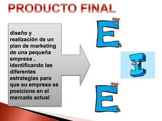 diseño y
realización de un
plan de marketing
de una pequeña
empresa ,
identificando las
diferentes
estrategias para
que su empresa se
posicione en el
mercado actual
 