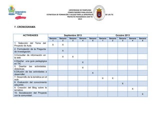 UNIVERSIDAD DE PAMPLONA
COMPUTADORES PARA EDUCAR
ESTRATEGIA DE FORMACIÓN Y ACCESO PARA LA APROPIACIÓN PEDAGÓGICA DE LAS TIC
PROYECTO PEDAGÓGICO CON TIC
2013

7. CRONOGRAMA

ACTIVIDADES

Septiembre 2013
Semana
1

1. Selección del Tema del
Proyecto de Aula.

Semana
2

X

X

2. Formulación de la Pregunta
de Investigación.

X

Semana
4

Semana
5

Semana
1

Semana
2

X

Semana
3

Semana
4

Semana
5

X

X

3.Consultar de información en
la web

Semana
3

Octubre 2013

4.Diseñar una guía pedagógica
en TIC
5. Diseñar las actividades
didácticas.
6.Difusión de las actividades a
desarrollar
7. Desarrollo de la temática en el
aula
8. Evaluación del conocimiento
adquirido
9. Creación del Blog sobre la
temática.
10. Socialización del Proyecto
con la comunidad.

X
X
X
X

X
X
X

 
