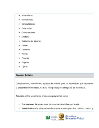  Marcadores
    Diccionarios
    Computadores
    Fotocopias
    Computadores
    Silletería
    Cuaderno de apuntes
    Lápices
    Lapiceros
    Vinilos
    Pinceles
    Pegante
    Tijeras


Recursos digitales


Computadores, video beam, equipos de sonido, para las actividades que requieren
la presentación de videos. Cámara fotográfica para el registro de evidencias.


Recursos ofiline y online: se emplearán programas como:


   - Procesadores de textos para sistematización de la experiencia.
   - PowerPoint en la elaboración de presentaciones para los talleres, charlas y
 