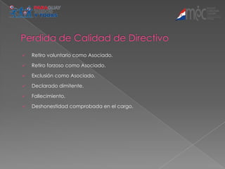    Retiro voluntario como Asociado.

   Retiro forzoso como Asociado.

   Exclusión como Asociado.

   Declarado dimitente.

   Fallecimiento.

   Deshonestidad comprobada en el cargo.
 