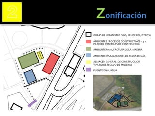 OBRAS DE URBANISMO (VIAS, SENDEROS, OTROS)
AMBIENTES PROCESOS CONSTRUCTIVOS 1 y 2
PATIO DE PRACTICAS DE CONSTRUCCION
AMBIENTE MANUFACTURA DE LA MADERA
AMBIENTE INSTALACIONES DE REDES DE GAS
ALMACEN GENERAL DE CONSTRUCCION
Y PATIO DE SECADO DE MADERAS
PUENTE EN GUADUA
 