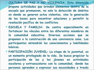 CULTURA DE PAZ Y NO VIOLENCIA: Esta dimensión propone actividades que brinden elementos dentro de la escuela que promuevan, no solo la detección de ámbitos en donde se generen actos violentos, sino la generación de las bases para encontrar soluciones y permitir la resolución pacífica de los conflictos. ESCUELA Y FAMILIA: Se centra especialmente en fortalecer los vínculos entre los diferentes miembros de la comunidad educativa. Diversas acciones que se proponen a la construcción de una convivencia sana. Los participantes obtendrán los conocimientos y habilidades básicas. PARTICIPACIÓN JUVENIL: La etapa de la juventud, es un momento privilegiado de la vida. Se busca propiciar la participación de las y los jóvenes en actividades escolares y extraescolares con la comunidad, donde las personas aprenden a expresar sus necesidades a través del dialogó. 
