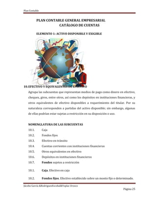 Plan Contable
Jácobo García &RodriguezEscobal&Yoplac Orosco
Página 25
PLAN CONTABLE GENERAL EMPRESARIAL
CATÁLOGO DE CUENTAS
ELEMENTO 1: ACTIVO DISPONIBLE Y EXIGIBLE
1. Kr
2. R
3. R
4. F
5. F
6. F
7. F
8. F
9. F
10.EFECTIVO Y EQUIVALENTES DE EFECTIVO
Agrupa las subcuentas que representan medios de pago como dinero en efectivo,
cheques, giros, entre otros, así como los depósitos en instituciones financieras, y
otros equivalentes de efectivo disponibles a requerimiento del titular. Por su
naturaleza corresponden a partidas del activo disponible; sin embargo, algunas
de ellas podrían estar sujetas a restricción en su disposición o uso.
NOMENGLATURA DE LAS SUBCUENTAS
10.1. Caja
10.2. Fondos fijos
10.3. Efectivo en tránsito
10.4. Cuentas corrientes con instituciones financieras
10.5. Otros equivalentes en efectivo
10.6. Depósitos en instituciones financieros
10.7. Fondos sujetos a restricción
10.1. Caja. Efectivo en caja
10.2. Fondos fijos. Efectivo establecido sobre un monto fijo o determinado.
 