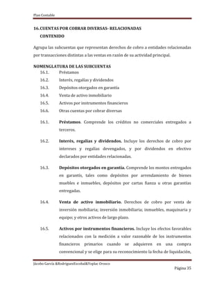 Plan Contable
Jácobo García &RodriguezEscobal&Yoplac Orosco
Página 35
16.CUENTAS POR COBRAR DIVERSAS- RELACIONADAS
CONTENIDO
Agrupa las subcuentas que representan derechos de cobro a entidades relacionadas
por transacciones distintas a las ventas en razón de su actividad principal.
NOMENGLATURA DE LAS SUBCUENTAS
16.1. Préstamos
16.2. Interés, regalías y dividendos
16.3. Depósitos otorgados en garantía
16.4. Venta de activo inmobiliario
16.5. Activos por instrumentos financieros
16.6. Otras cuentas por cobrar diversas
16.1. Préstamos. Comprende los créditos no comerciales entregados a
terceros.
16.2. Interés, regalías y dividendos. Incluye los derechos de cobro por
intereses y regalías devengados, y por dividendos en efectivo
declarados por entidades relacionadas.
16.3. Depósitos otorgados en garantía. Comprende los montos entregados
en garantís, tales como depósitos por arrendamiento de bienes
muebles e inmuebles, depósitos por cartas fianza u otras garantías
entregadas.
16.4. Venta de activo inmobiliario. Derechos de cobro por venta de
inversión mobiliaria; inversión inmobiliaria; inmuebles, maquinaria y
equipo; y otros activos de largo plazo.
16.5. Activos por instrumentos financieros. Incluye los efectos favorables
relacionados con la medición a valor razonable de los instrumentos
financieros primarios cuando se adquieren en una compra
convencional y se elige para su reconocimiento la fecha de liquidación,
 