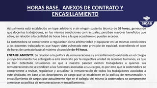 Actualmente está establecido un tope arbitrario y sin ningún sustento técnico de 36 horas, generando
que docentes trabajadores, en las mismas condiciones contractuales, perciban mayores beneficios que
otros, en relación a la cantidad de horas base a la que accedieron o puedan acceder.
La sostenedora se compromete a regularizar dicha arbitrariedad y equiparar en las mismas condiciones
a los docentes trabajadores que hayan visto vulnerado este principio de equidad, extendiendo el tope
de horas de contrato base al máximo disponible de 44 horas.
ENCASILLAMIENTO: En relación a la política de remuneraciones y encasillamiento existente en el colegio
y cuyo documento fue entregado a este sindicato por la respectiva unidad de recursos humanos, es que
se han detectado situaciones en que a nuestro parecer existen trabajadores a quienes sus
remuneraciones no se condicen a las funciones asociadas a sus cargos, es por esto que la sostenedora se
compromete a revisar, regularizar y actualizar la remuneración de todos los trabajadores asociados a
este sindicato, en base a los descriptores de cargo que se establecen en la política de remuneración y
encasillamiento de cargos que actualmente rige en el colegio. Así mismo la sostenedora se compromete
a mejorar su política de remuneraciones y encasillamiento.
HORAS BASE, ANEXOS DE CONTRATO Y
ENCASILLAMIENTO
 
