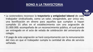 BONO A LA TRAYECTORIA
• La sostenedora reconoce la trayectoria y antigüedad laboral de cada
trabajador sindicalizado, como un valor, otorgándole, por única vez,
una bonificación en dinero para aquellos que cumplan o hayan
cumplido 15 años en el establecimiento con una asignación de
$1.000.000.-acompañada de un reconocimiento público, el cual puede
ser entregado en el acto de velada de celebración del aniversario de
colegio.
• El pago de esta asignación se hará conjuntamente con la remuneración
del mes en que el trabajador cumpla la cantidad de años de servicio
señalada.
 