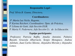Responsable Legal :
Prof. Silvia B. Gauna, Directora.
                        Coordinadores:
 P .María Luz Niclis, Regente,
P. Karina Reichert, Coordinadora Dpto. de Práctica,
P. Liliana de Gatti, Jefa Sección EGB,
P. María N. Pedernera, Jefa Sección Cs. de la Educación.
                  Equipo participante:
Profesores Patricia Raffín, Amalia Antonini, Palmira
Buyatti, Graciela Albarracín, Sergio Menapace, Andrea
Adobato, Juan Carlos Sileone, Alejandra Morzán y Alejandra
Lemes.
 