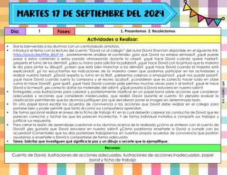 Día: 1 Fases: 1. Presentemos 2. Recolectemos
Actividades a Realizar:
 Dar la bienvenida a los alumnos con un canto/saludo amistoso.
 Introducir el tema con la lectura del cuento “David va al colegio” del autor David Shannon disponible en el siguiente link:
https://youtu.be/Hftw_8dJY-M , posteriormente analizar el contenido: ¿por qué David no estaba sentado?, ¿qué puede
pasar si estoy corriendo o estoy parado atravesando durante la clase?, ¿qué hace David cuándo quiere hablar?,
¿respeta el turno de los demás?, ¿alza su mano para solicitar la palabra?, ¿qué hace David con la pintura que la maestra
le dio para pintar su dibujo?, ¿creen que está bien manchar a los demás?, ¿qué hace David cuando la maestra está
explicando?, ¿si no escuchamos las indicaciones de la maestra creen que podamos participar en las actividades y
realizar nuestra tarea?, ¿David respeta su turno en la fila?, ¿debemos colarnos o empujarnos?, ¿qué nos puede pasar?,
¿qué hace David cuando suena la campana y el recreo acaba?, ¿consideran que es correcto hacer ruido en clase
como lo hace David?, ¿por qué?, ¿qué hará David cuando pide permiso muchas veces para ir al baño?, ¿qué le hace
David a la mesa?, ¿es correcto dañar los materiales del salón?, ¿Qué pasaría si David estuviera en nuestro salón?
 Entregarles unas ilustraciones para colorear y posteriormente clasificar en un papel bond sobre acciones que consideran
adecuadas y acciones que consideran inadecuadas, que realizó David durante el cuento. En plenaria evaluar la
clasificación permitiendo que los alumnos justifiquen por qué decidieron poner la imagen en determinado lado.
 En otro papel bond escribir los acuerdos de convivencia o las acciones que David debe realizar en el colegio para
portarse bien y poder permitir que tanto él como sus compañeros aprendan.
 De forma opcional realizar el anexo de la ficha de trabajo #1 en la cual deberán colorear las conductas de David que les
parecen correctas y tachar las que les parecen incorrectas. Y de forma individual invitarlos a compartir sus trabajos y
justificar sus respuestas.
 Para cerrar la sesión de aprendizaje cuestionar a los alumnos acerca de lo realizado ¿cómo se sintieron con el cuento de
David? ¿les gustaría que David estuviera en nuestro salón? ¿Cómo podríamos enseñarle a David a cumplir con los
acuerdos? Comentarles que los días posteriores trabajaremos en nuestros propios acuerdos de convivencia que podrían
ayudarnos a enseñarle a David a comportarse de forma adecuada.
 Tarea: Solicitar que investiguen qué significa la paz y un dibujo o recorte que la ejemplifique.
Recursos:
Cuento de David, ilustraciones de acciones adecuadas, ilustraciones de acciones inadecuadas, papel
bond y ficha de trabajo
Miss
Candiee
Gal
 