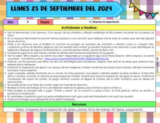 Día: 5 Fases: 5. Vivamos la experiencia
Actividades a Realizar:
 Dar la bienvenida a los alumnos. Con apoyo de los símbolos y dibujos realizados el día anterior recordar los acuerdos ya
vistos.
 En un espacio libre bailar la canción de los payasos o una canción que implique mover todo el cuerpo que sea del agrado
de los alumnos
 Pedir a los alumnos que al finalizar la canción se pongan en posición de montaña y sientan como su corazón late,
cuestionar ¿cómo te sientes? ¿Alguna vez has sentido esto antes? ¿cuándo? Guiando a los alumnos a que identifiquen la
agitación después de alguna actividad física, cuando sienten miedo, ganas de llorar, etc.
 Cuestionar ¿qué es lo que haces cuándo te sientes así? Anotar las respuestas en la pizarra
 Ver el video “Elmo respira y se siente muy bien” disponible en la siguiente liga (313) Plaza Sésamo: ¡Elmo respira y se siente
muy bien! - ¡Cantemos juntos! : https://youtu.be/hsN4OaClM94?si=QSj26Wa8zhbAZJUZ
 Platicar con los alumnos que Elmo nos da una estrategia para ayudarnos, respirar. Este será el acuerdo que veremos hoy,
respirar para calmarme.
 Practicar la respiración de globo con apoyo de las imágenes. Inhalar moviendo los brazos hacia afuera. Exhalar moviendo
los brazos hacia adentro.
 Jugar a pásala, pásala. Sentados en un círculo, los niños pasaran una pelota, mientras repiten la serie numérica. Cada niño
dirá un número, cuando un alumno se equivoque de número, tendrá que hacer la respiración de globo 3 veces, al terminar
comenzará de nuevo el conteo. El juego termina cuando se llegue al número de la serie numérica que se desea sin
equivocarse.
 Se puede poner una meta de conteo según el nivel de los alumnos.
 Realizar la ficha de trabajo en la cual deberán ordenar los globos para formar la serie numérica.
 Para finalizar la jornada salir a jugar “Correr y parar” en la cancha o plaza cívica, al final platicar cómo se sienten y
practicar la respiración.
 En asamblea cuestionar ¿qué acuerdo establecimos hoy? ¿por qué será importante o en qué nos ayuda?
 Colocar la imagen que represente el acuerdo trabajado.
Recursos:
Video, imágenes de la respiración de globo, pelota, ficha de trabajo #5, tijeras, pegamento.
Miss
Candiee
Gal
 