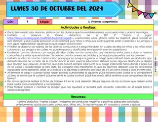 Día: 9 Fases: 5. Vivamos la experiencia
Actividades a Realizar:
 Dar la bienvenida a los alumnos, platicar con los alumnos que hoy estableceremos un acuerdo más, cuidar a los amigos.
 Invitarlos a observar la lámina didáctica de la SEP 2° “Vamos a jugar”
https://libros.conaliteg.gob.mx/20/K2LAM.htm#page/8 y cuestionarlos sobre ¿Cómo están los objetos?, ¿Qué sucede en
esta lámina?, ¿Qué puede provocar un accidente? ¿Los niños y niñas que están jugando están cuidando a sus amigos o
no? ¿Qué reglas estarán siguiendo los que juegan al avioncito?
 Invitarlos a observar las tarjetas de las diversas conductas e ir preguntándoles en cuáles de ellas los niños y las niñas están
cuidando a sus amigos y en cuáles no, pueden pasar a clasificarlas en el pizarrón o en un papel bond.
 Establecer con los alumnos con apoyo de ellos cuáles son las conductas que debemos evitar para cuidar a nuestros
compañeros y evitar que se lastimen. Se pueden usar los anexos recortables y por equipos pequeños que las coloreen.
 Invitarlos a salir a la cancha o plaza cívica para jugar en parejas a guiar a su amigo quien deberá tener vendados los ojos,
deberán llevarlo de un lado de la cancha hacia el otro, pero la educadora deberá poner algunos obstáculos u objetos
que tendrán que esquivar, el alumno que guía deberá siempre estar junto a su amigo indicando hacia donde ir para que
no se caiga y pueda llegar al otro lado. La consigna más importante es que los alumnos deberán usar las referencias
espaciales como adelante, atrás, a un lado o a la izquierda o derecha (en caso de 3°) así como cerca o lejos. Invertir roles.
 Al terminar el juego y cuando todos hayan pasado cuestionarles lo siguiente ¿Qué hicieron para cuidar a su compañero?
¿Cómo se siente que te cuiden? ¿Qué se siente el cuidar a otros? ¿Qué fue lo más difícil de llevar a sus compañeros de esa
forma?
 De forma opcional realizar la ficha de trabajo #9 en la cual deberán dibujar algunas de las acciones que deben evitar
para cuidar a sus compañeros y compañeras.
 Para finalizar colocar y nombrar la imagen que nos ayudará a recordar este acuerdo, colocarlo en el papel bond o
espacio designado
Recursos:
Lámina didáctica “Vamos a jugar”, imágenes de conductas negativas y positivas, paliacates solicitados
anteriormente, obstáculos como conos, aros, sillitas, etc., fichas de trabajo #9, crayolas o colores y lápices.
Miss
Candiee
Gal
 
