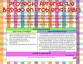 Que los alumnos logren interactuar con sus compañeros y
personal de la escuela de forma sana y pacífica a partir de
la construcción de acuerdos para la sana convivencia y
una cultura de paz dentro y fuera del aula.
Convivamos Sanamente
¿Qué vamos a Investigar? ¿Qué necesitamos hacer?
 Que comprendan la importancia de
tener acuerdos para la sana
convivencia dentro y fuera del aula.
 Plan de trabajo Docente
 Actividades de Relajación y
Motivación
 Proceso de Desarrollo de los Alumnos
Al integrarse a un nuevo grupo social o incluso el
mismo grupo, los alumnos necesitan reconocer o
recordar la importancia de tener acuerdos para la
convivencia que permitan el trabajo en el aula y a la
vez su aprendizaje, ya que a partir del diagnóstico
del grupo y del contexto escolar se detectó un
número alto de alumnos con conductas disruptivas o
que requieren apoyo para regular su conducta. Es
importante que los alumnos desde la edad
preescolar aprendan a brindar un buen trato a las
demás personas con las
¿Cuándo lo vamos hacer?
Del 17 de Septiembre al 4 de Octubre
Miss Candiee Gal
 