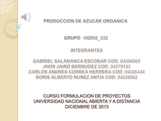 CURSO FORMULACION DE PROYECTOS
UNIVERSIDAD NACIONAL ABIERTA Y A DISTANCIA
DICIEMBRE DE 2013

 