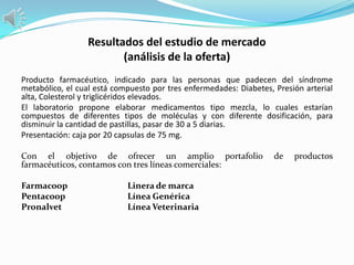 Resultados del estudio de mercado
                        (análisis de la oferta)
Producto farmacéutico, indicado para las personas que padecen del síndrome
metabólico, el cual está compuesto por tres enfermedades: Diabetes, Presión arterial
alta, Colesterol y triglicéridos elevados.
El laboratorio propone elaborar medicamentos tipo mezcla, lo cuales estarían
compuestos de diferentes tipos de moléculas y con diferente dosificación, para
disminuir la cantidad de pastillas, pasar de 30 a 5 diarias.
Presentación: caja por 20 capsulas de 75 mg.

Con el objetivo de ofrecer un amplio portafolio                     de   productos
farmacéuticos, contamos con tres líneas comerciales:

Farmacoop                   Linera de marca
Pentacoop                   Línea Genérica
Pronalvet                   Línea Veterinaria
 