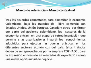 Marco de referencia – Marco contextual

Tras los acuerdos concertados para dinamizar la economía
Colombiana, bajo los tratados de libre comercio con
Estados Unidos, Unión Europea, Canadá y otros por firmar
por parte del gobierno colombiano, los sectores de la
economía entran en una etapa de retroalimentación que
permite a las organizaciones impartir los conocimientos
adquiridos para ejecutar las buenas prácticas en los
diferentes sectores económicos del país. Estos tratados
deben de ser aprovechados por la empresa COPHACOL para
la expansión e inversión en mercados de exportación como
una nueva oportunidad de negocio.
 