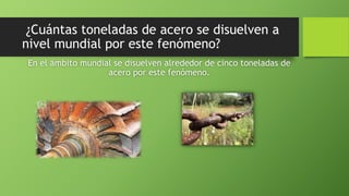 ¿Cuántas toneladas de acero se disuelven a
nivel mundial por este fenómeno?
En el ámbito mundial se disuelven alrededor de cinco toneladas de
acero por este fenómeno.
 