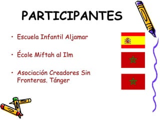 PARTICIPANTES
• Escuela Infantil Aljamar
• École Miftah al Ilm
• Asociación Creadores Sin
Fronteras. Tánger
 