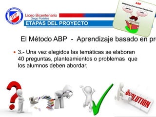  3.- Una vez elegidos las temáticas se elaboran
40 preguntas, planteamientos o problemas que
los alumnos deben abordar.
ETAPAS DEL PROYECTO
El Método ABP - Aprendizaje basado en pro
 