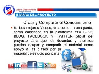  6.- Los mejores Videos, de acuerdo a una pauta,
serán colocados en la plataforma YOUTUBE,
BLOG, FACEBOOK Y TWITTER oficial del
proyecto para que los docentes y alumnos
puedan ocupar y compartir el material como
apoyo a las clases por parte del docente y
material de estudio por parte de los alumnos.
ETAPAS DEL PROYECTO
Crear y Compartir el Conocimiento
 