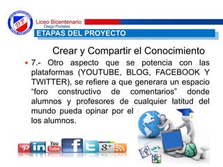  7.- Otro aspecto que se potencia con las
plataformas (YOUTUBE, BLOG, FACEBOOK Y
TWITTER), se refiere a que generara un espacio
“foro constructivo de comentarios” donde
alumnos y profesores de cualquier latitud del
mundo pueda opinar por el material creado por
los alumnos.
ETAPAS DEL PROYECTO
Crear y Compartir el Conocimiento
 